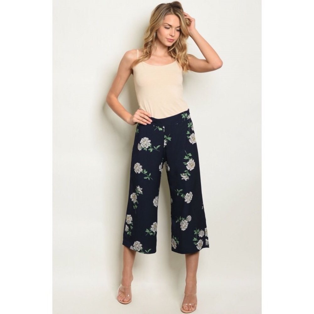 Navy Floral Print Wide Leg Cropped Trouser